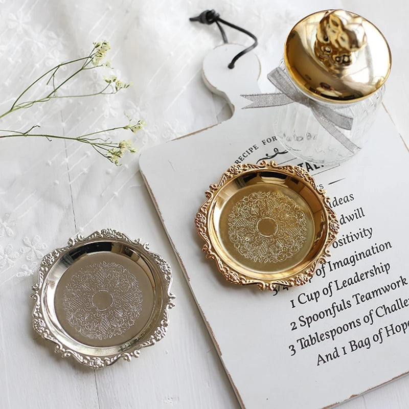 Metal Shell Storage Tray Round Glass Plate Jewelry Dish Earrings Ring Display Fruit Desktop Decor Photo Props