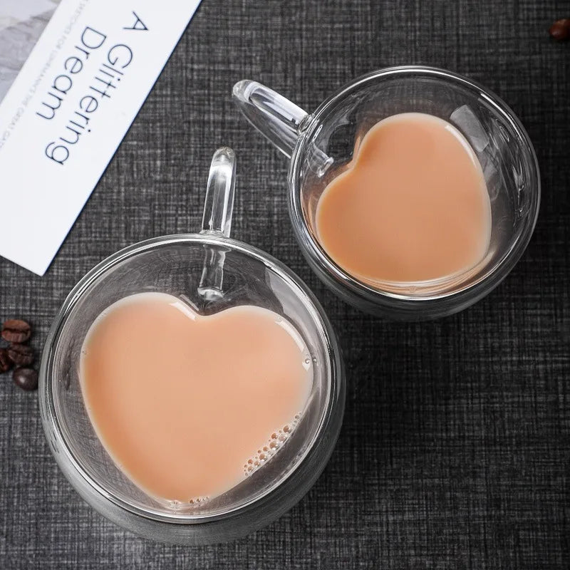 Heart-Shaped Double Wall Glass Mug – 250ml Heat-Resistant Lover’s Cup