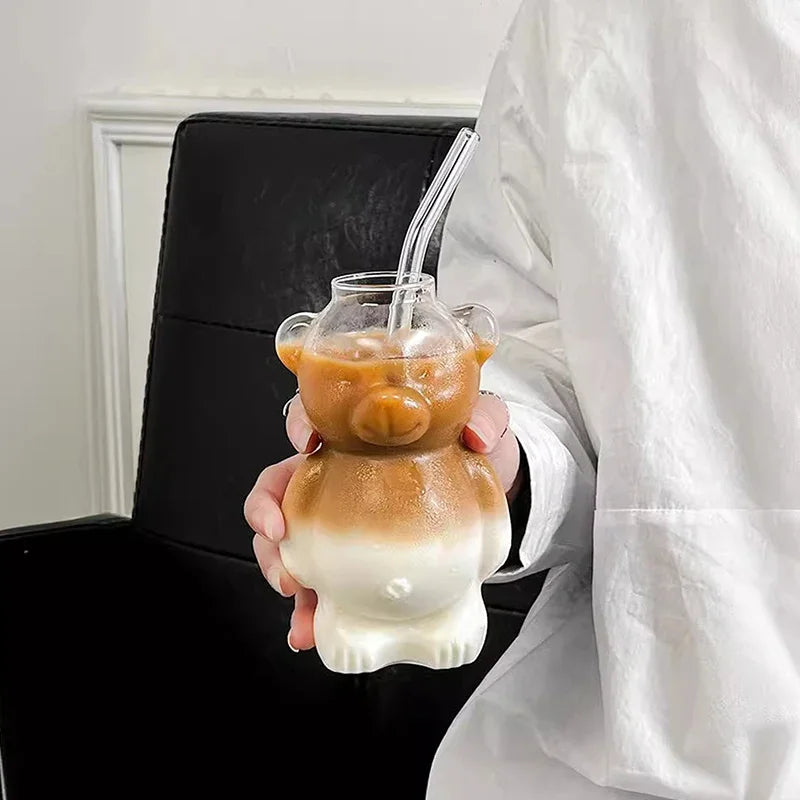 Cartoon Bear Glass Cup with Straw β 320ml Cute Transparent Mug for Juices, Milk Tea & More