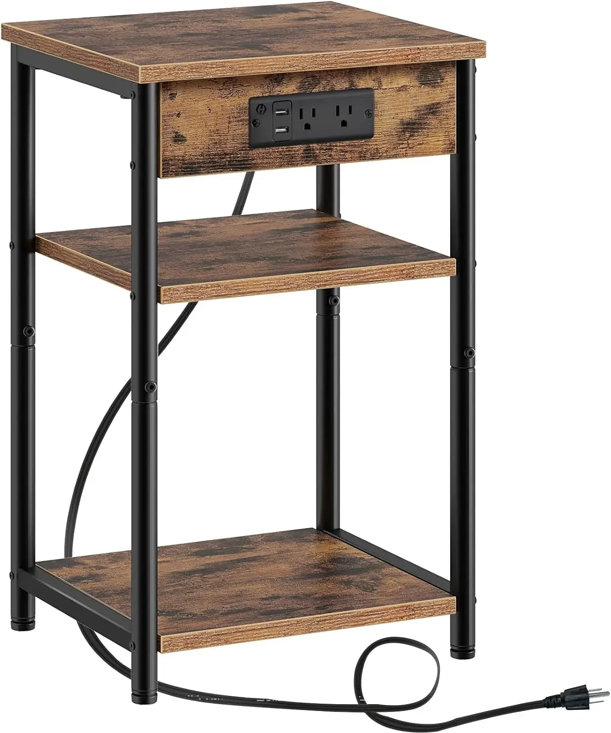 Smart Side Table with Charging Ports – 3-Tier Rustic Nightstand with Storage for Living Room or Bedroom