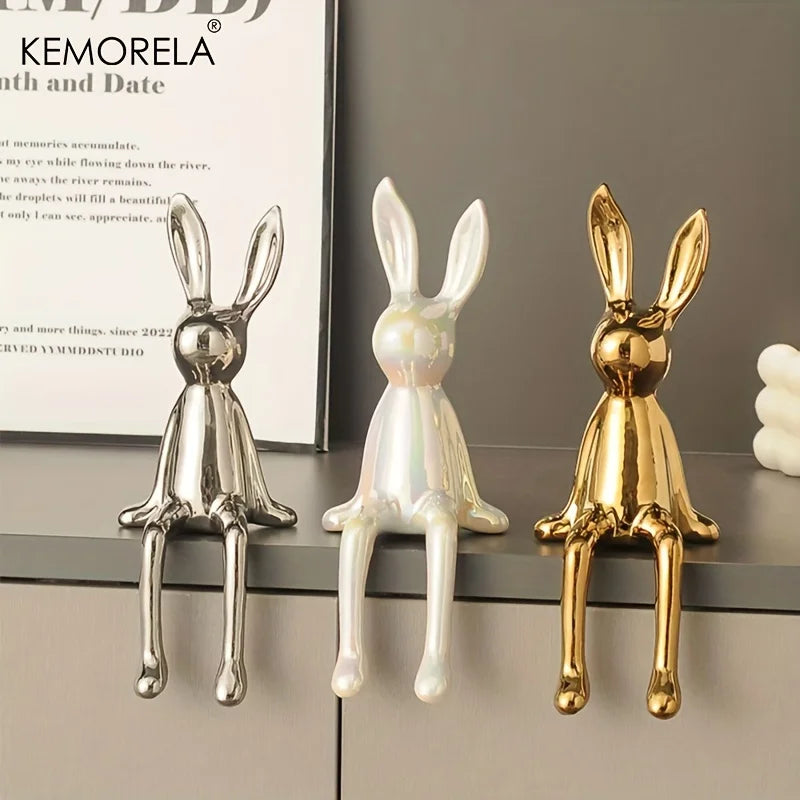 Ceramic Sitting Bunny Ornament β Long-Eared Rabbit Sculpture for Shelves or Entryways