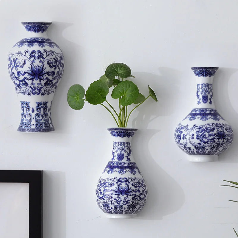 Vintage Blue & White Wall-Mounted Ceramic Vase – Porcelain Floral Holder for Home & Office Decor