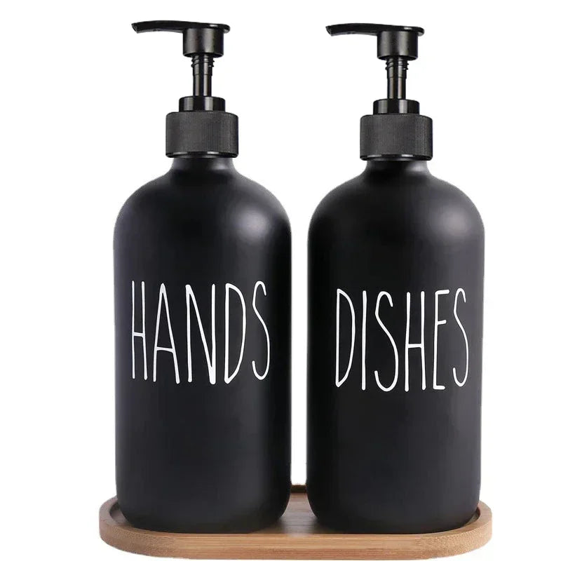 500ml Matte Black Soap Dispenser Set with Labels & Bamboo Tray – Hands & Dishes Bottles for Kitchen & Bathroom