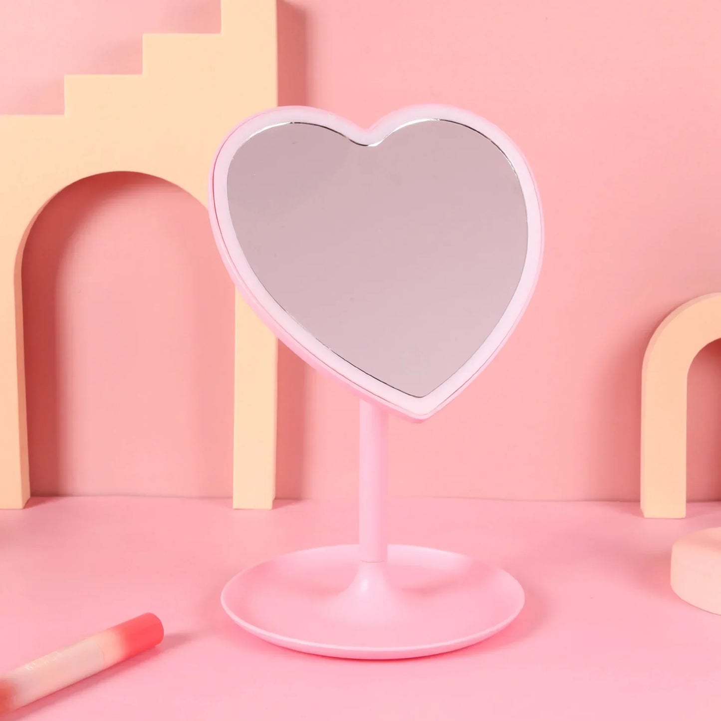 Heart-Shaped LED Makeup Mirror β 3 Light Modes, Rechargeable & Portable (Pink)