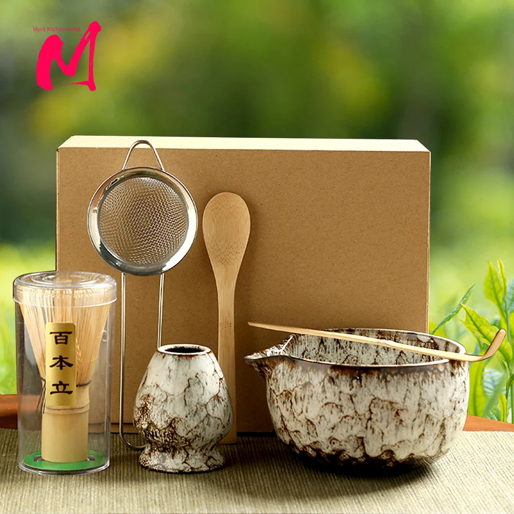 6-Piece Japanese Matcha Tea Ceremony Set – Handmade Ceramic Bowl, Bamboo Whisk, Scoop, Strainer & Gift Box