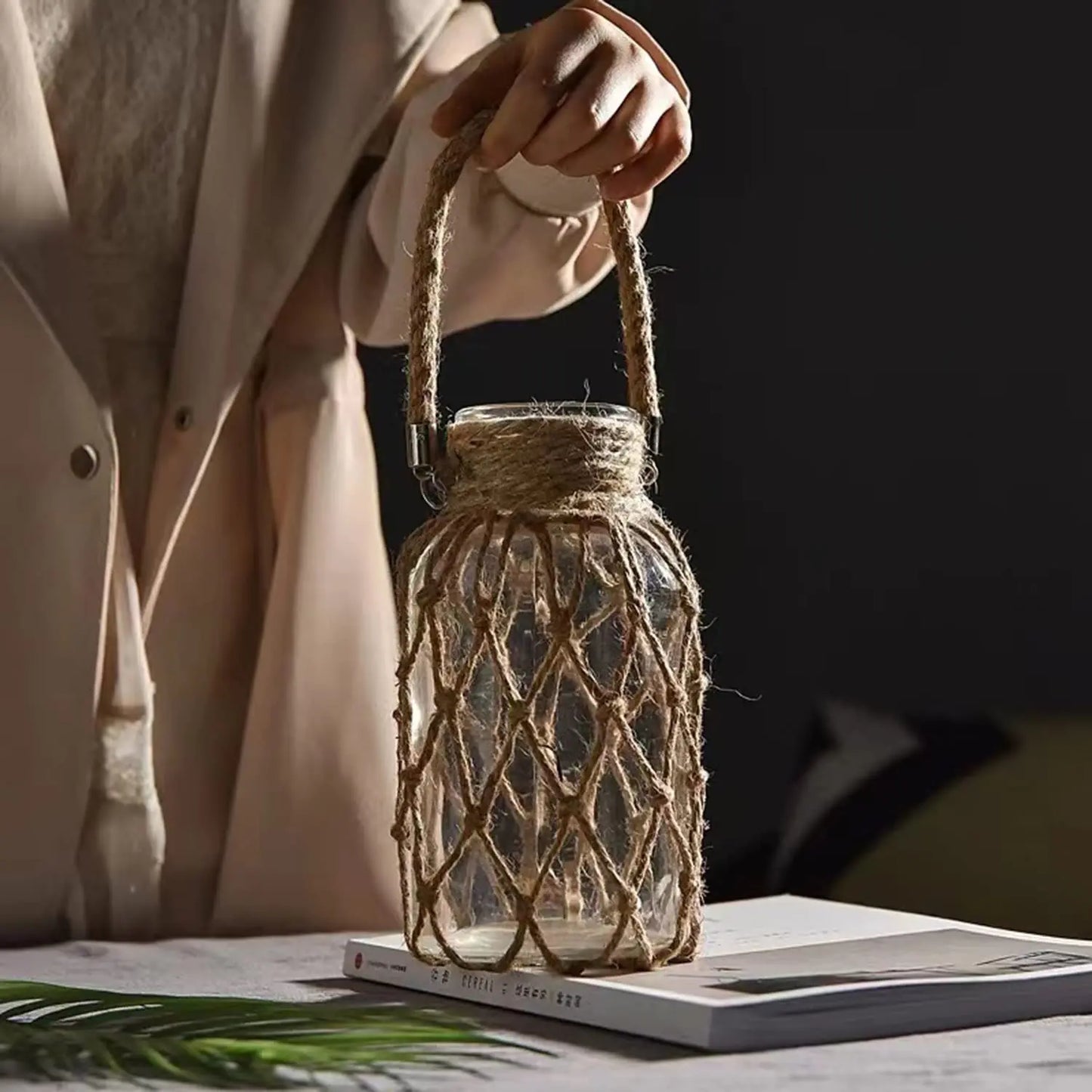 Boho Hemp Rope Glass Vase – Rustic Charm for Tables & Shelves