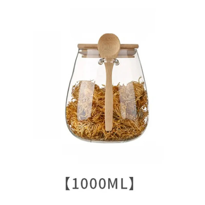 Airtight Glass Jar with Wooden Lid & Spoon – Food & Spice Storage