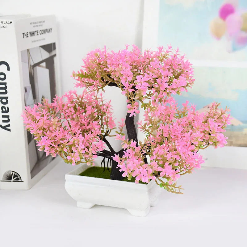 Artificial Pink Blossom Bonsai Tree – Decorative Faux Plant in White Ceramic Pot