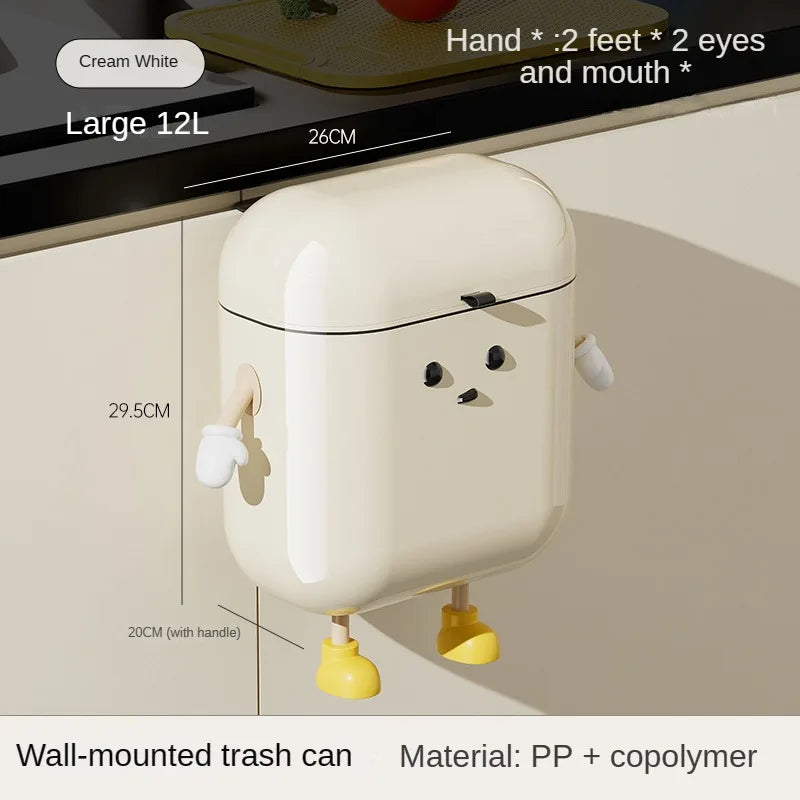 Cream Wall-Mounted Trash Can with Lid – 9L/12L Space-Saving Kitchen Bin for Cabinets, Food Waste & Bathroom