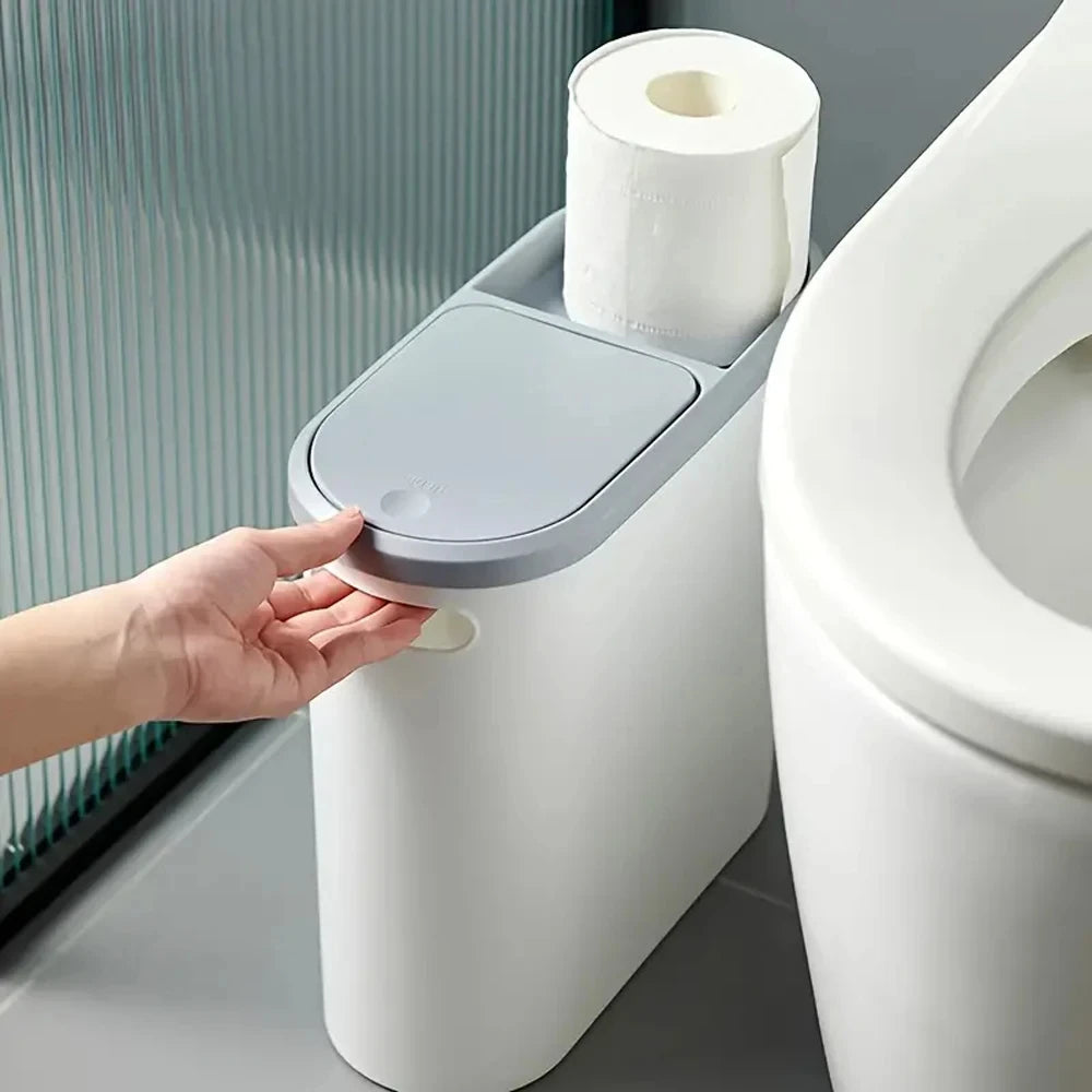 Slim Space-Saving Trash Bin with Lid – 10L Modern Press-Top Garbage Can for Bathroom & Kitchen