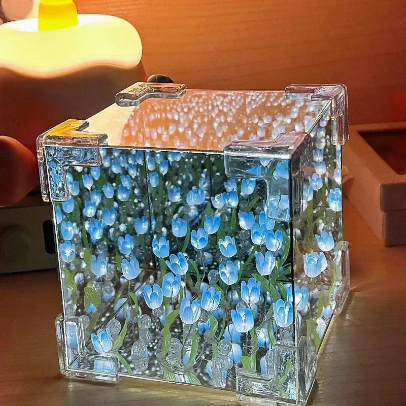 Tulip Bloom LED Night Light Cube – Romantic Floral Decor