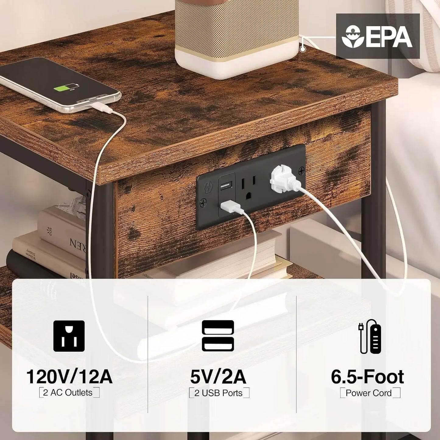 Smart Side Table with Charging Ports – 3-Tier Rustic Nightstand with Storage for Living Room or Bedroom