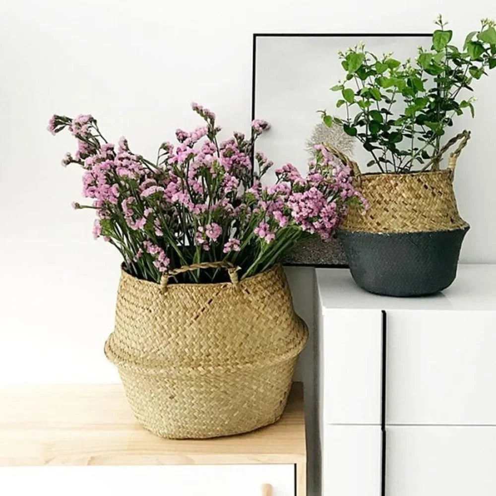 Handwoven Seaweed Wicker Basket – Multi-Use Boho Storage & Planter Basket (Various Sizes)