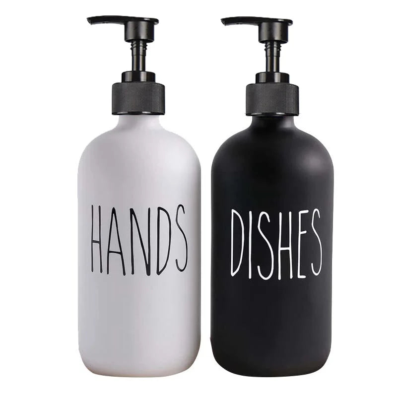 500ml Matte Black Soap Dispenser Set with Labels & Bamboo Tray – Hands & Dishes Bottles for Kitchen & Bathroom