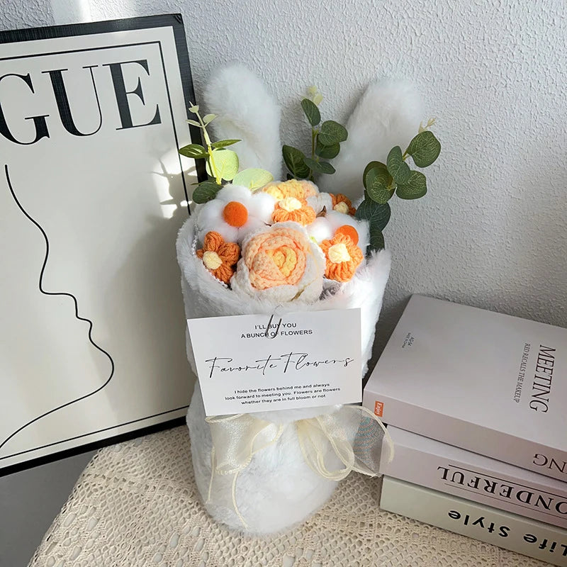 Whimsical Rabbit Ear Plush Bouquet – Soft Knitted Flowers in Gift Bag