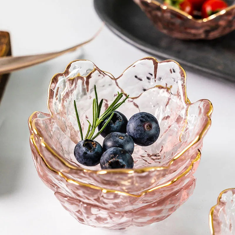 3-Piece Cherry Blossom Glass Dishes – Pink Floral Sauce Bowls with Gold Rim
