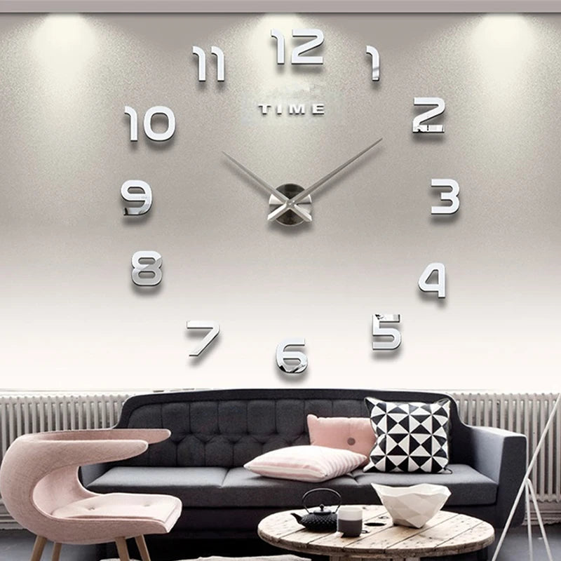 Modern 3D DIY Large Wall Clock – Quartz Acrylic Mirror Sticker Clock for Living Room & Office Décor