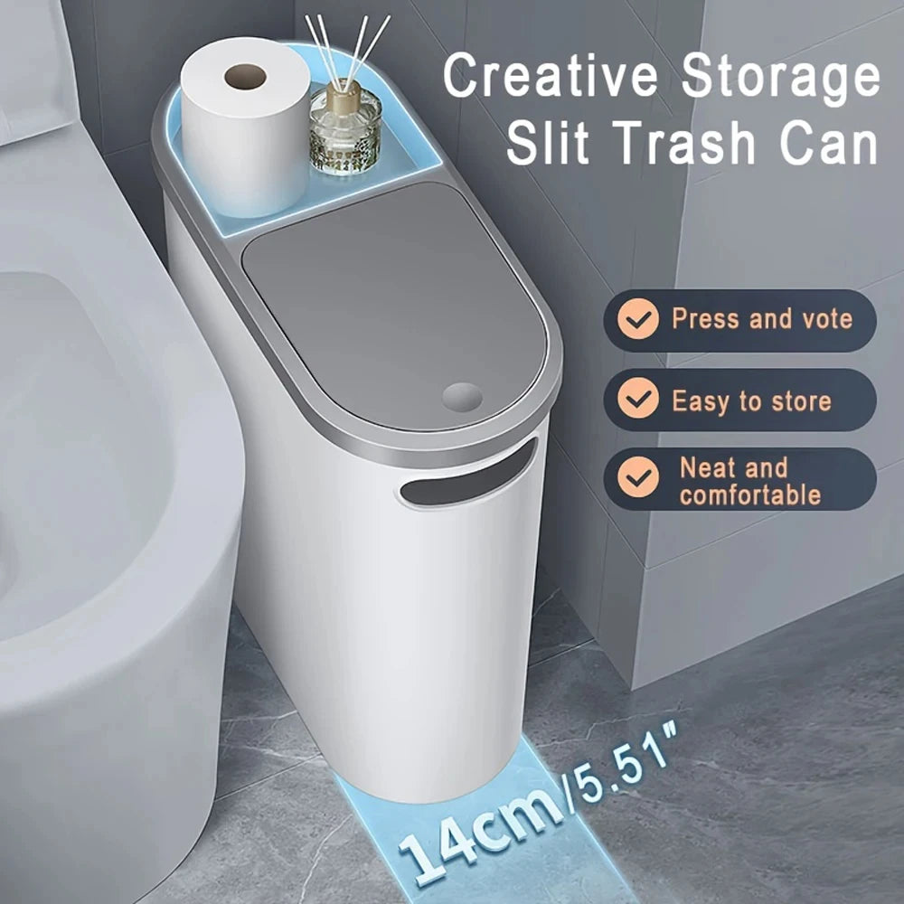 Slim Space-Saving Trash Bin with Lid – 10L Modern Press-Top Garbage Can for Bathroom & Kitchen