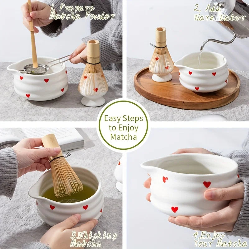 Heart Matcha Bowl – Cute Ceramic Tea Set for Gifting