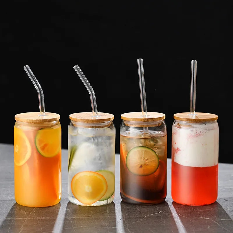 Clear Glass Coffee Cup with Bamboo Lid & Straw β 450ml Iced Drink Jar