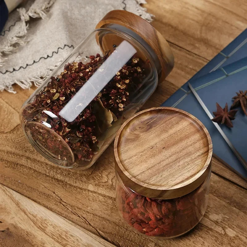 Modern Glass Storage Jar with Wooden Lid – Airtight Pantry Container for Spices, Cereal, Snacks & Dry Goods