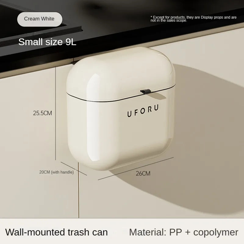 Cream Wall-Mounted Trash Can with Lid – 9L/12L Space-Saving Kitchen Bin for Cabinets, Food Waste & Bathroom