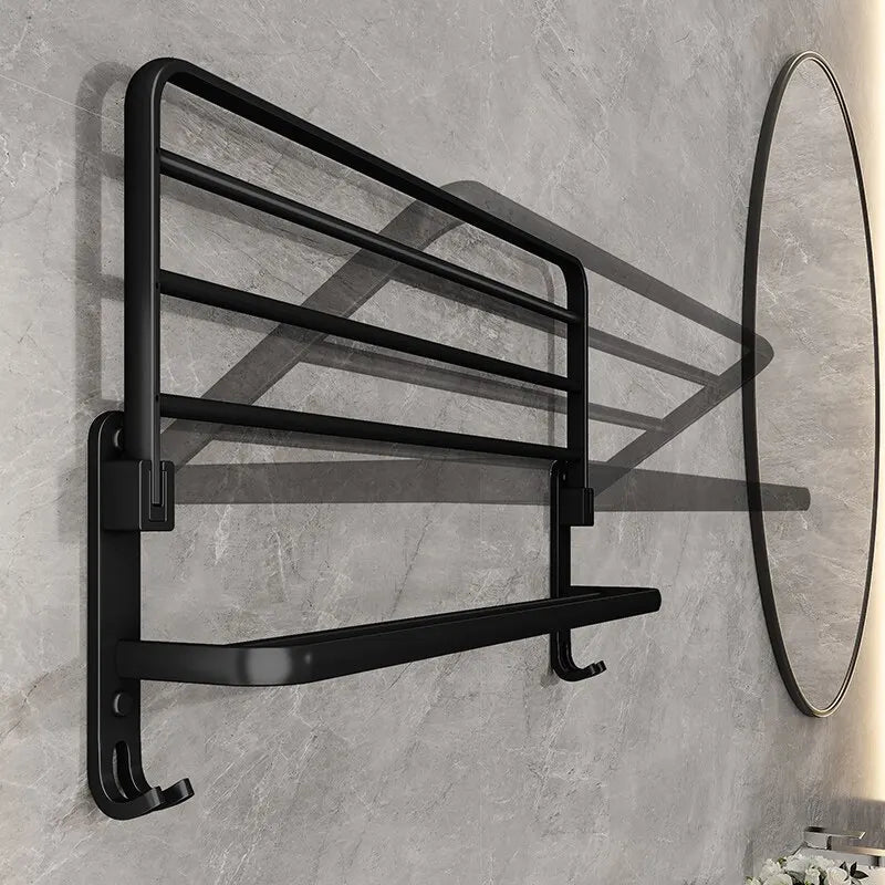Matte Black Folding Towel Rack with Hooks – 50CM Wall-Mounted Aluminum Shelf