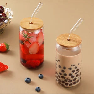 Clear Glass Coffee Cup with Bamboo Lid & Straw β 450ml Iced Drink Jar