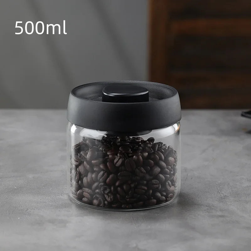 Vacuum Sealed Glass Coffee Storage Jar with Black Lid – Airtight Container for Beans, Tea & Pantry Staples