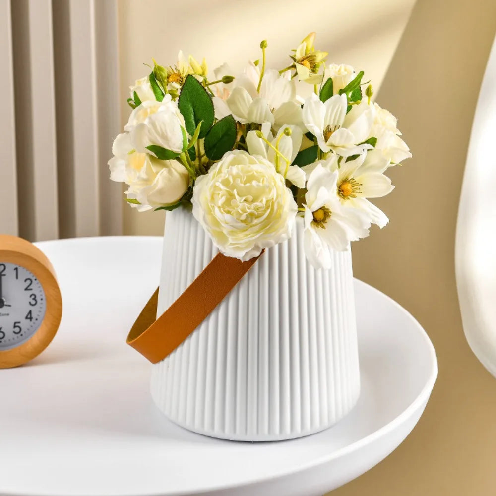 Nordic Style Leather Handle Flower Vase – Modern Anti-Fall Plastic Pot for Floral Arrangements