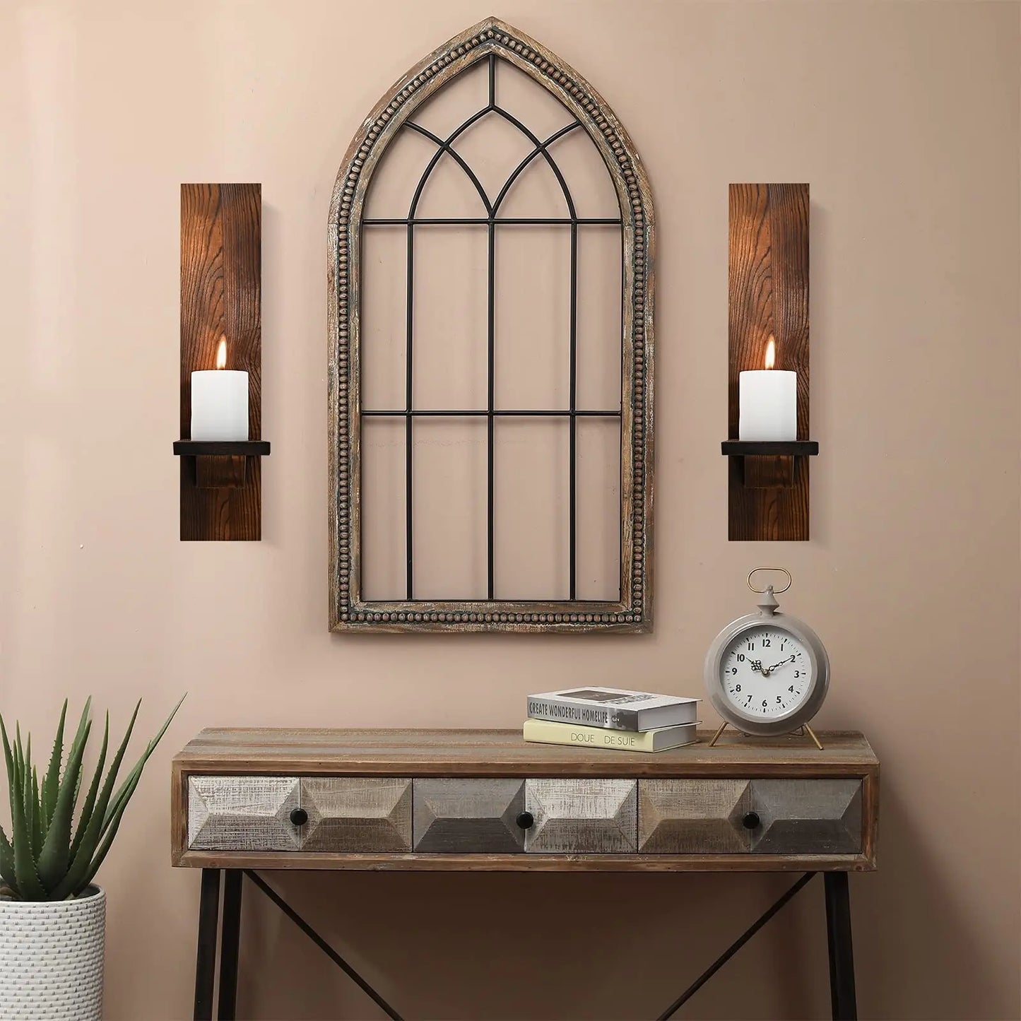 Rustic Wall Candle Sconces – Set of 2 Vintage Wooden Pillar Holders for Cozy Decor