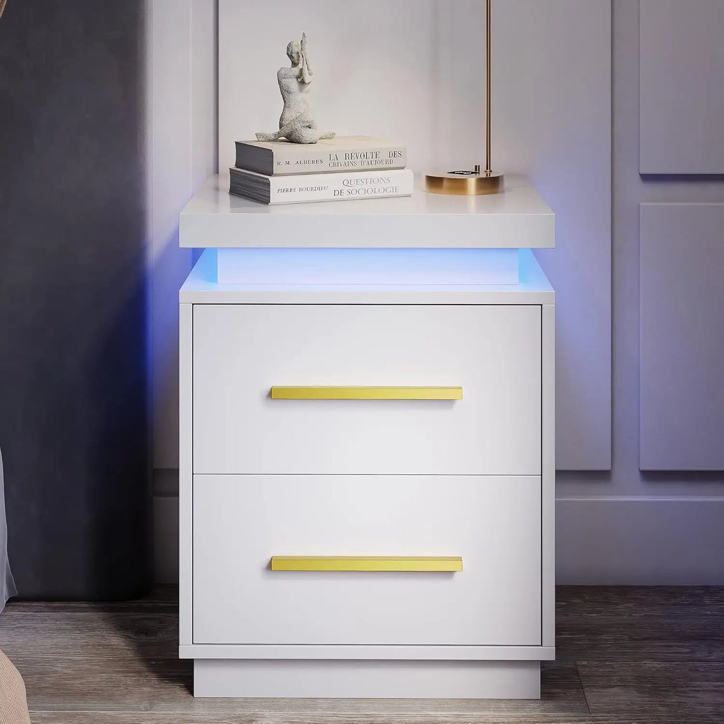 Set of 2 Modern LED Nightstands – Black & Gold Bedside Tables with Drawers and Ambient Lighting