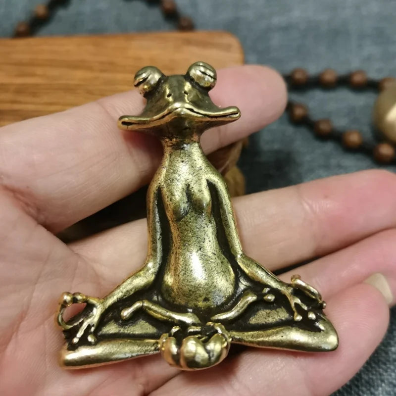 Antique Brass Meditation Zen Frog – Mini Statue for Tranquil Home & Desk Decor