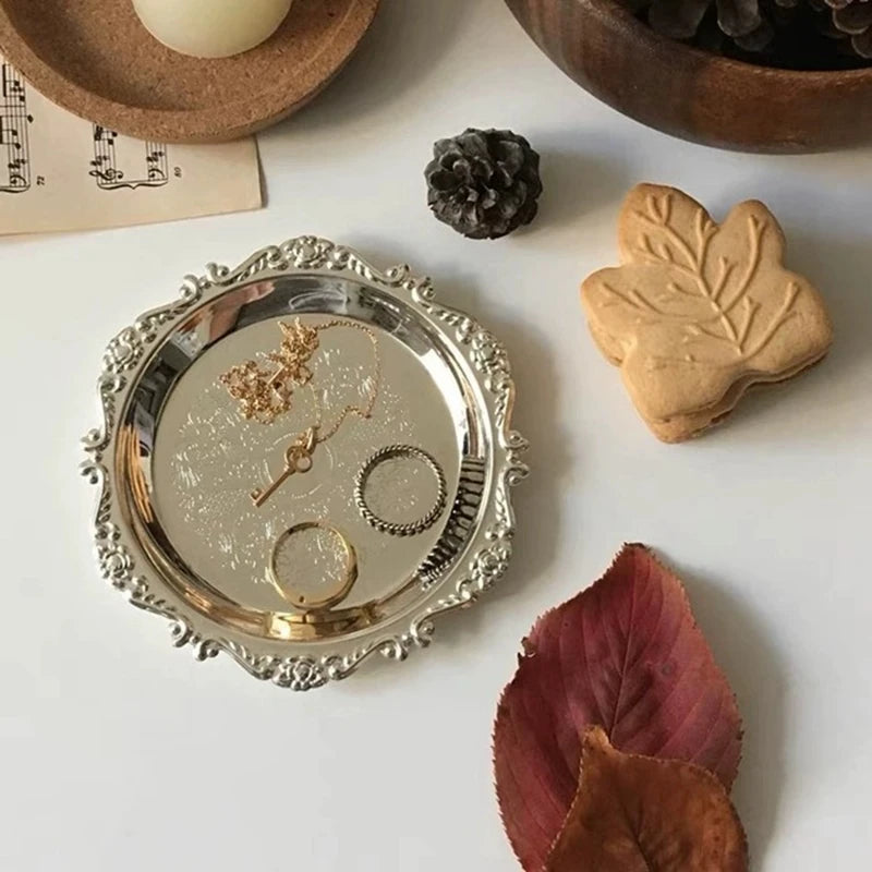 Metal Shell Storage Tray Round Glass Plate Jewelry Dish Earrings Ring Display Fruit Desktop Decor Photo Props
