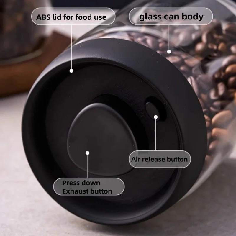 Vacuum Sealed Glass Coffee Storage Jar with Black Lid – Airtight Container for Beans, Tea & Pantry Staples