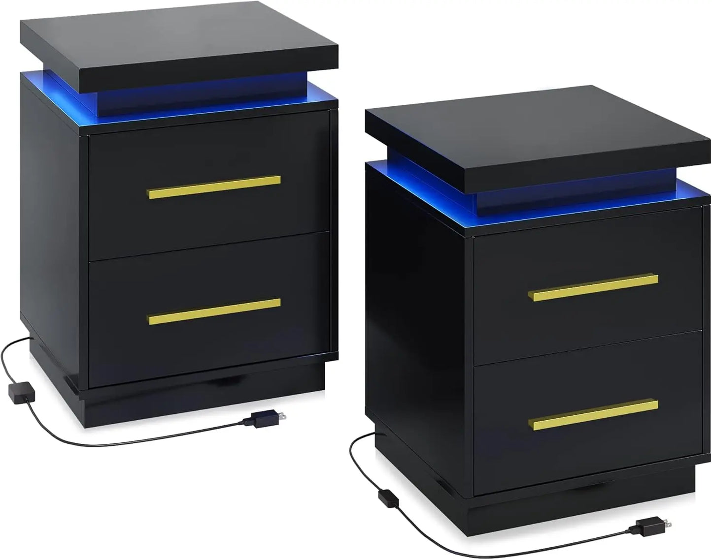 Set of 2 Modern LED Nightstands – Black & Gold Bedside Tables with Drawers and Ambient Lighting