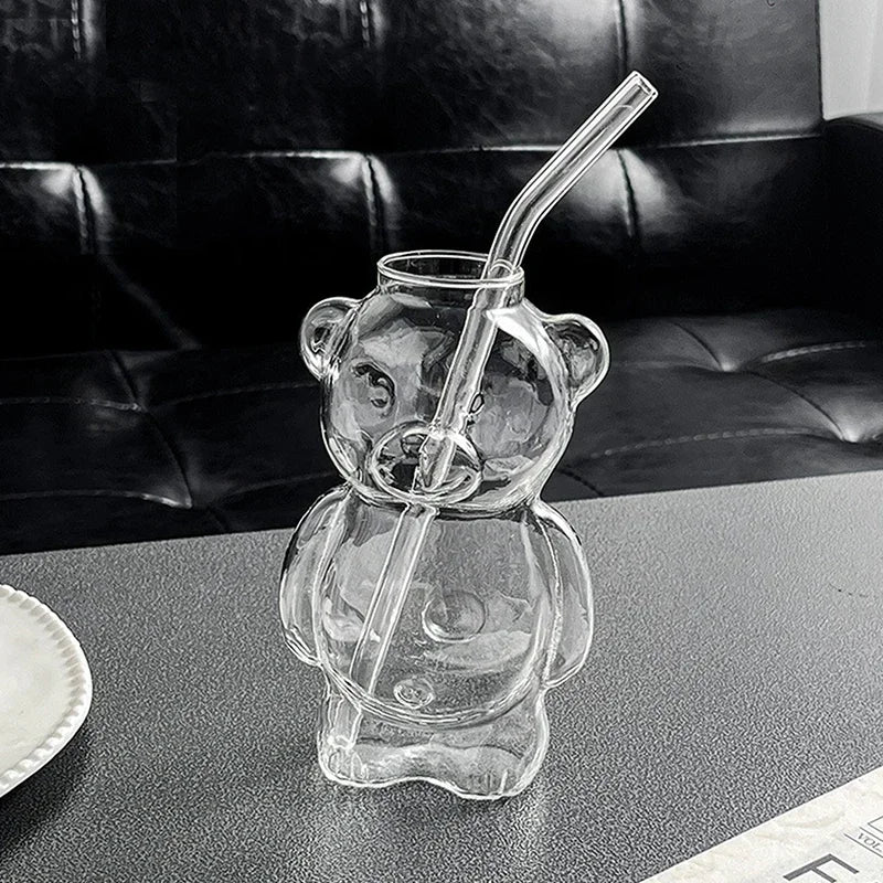 Cartoon Bear Glass Cup with Straw β 320ml Cute Transparent Mug for Juices, Milk Tea & More