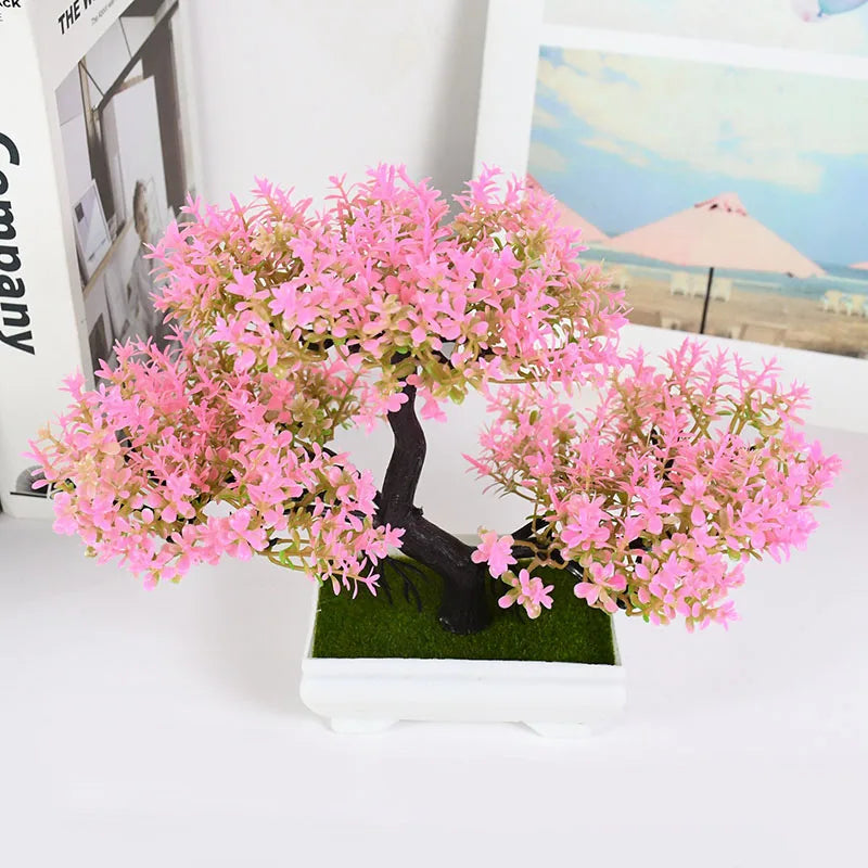 Artificial Pink Blossom Bonsai Tree – Decorative Faux Plant in White Ceramic Pot