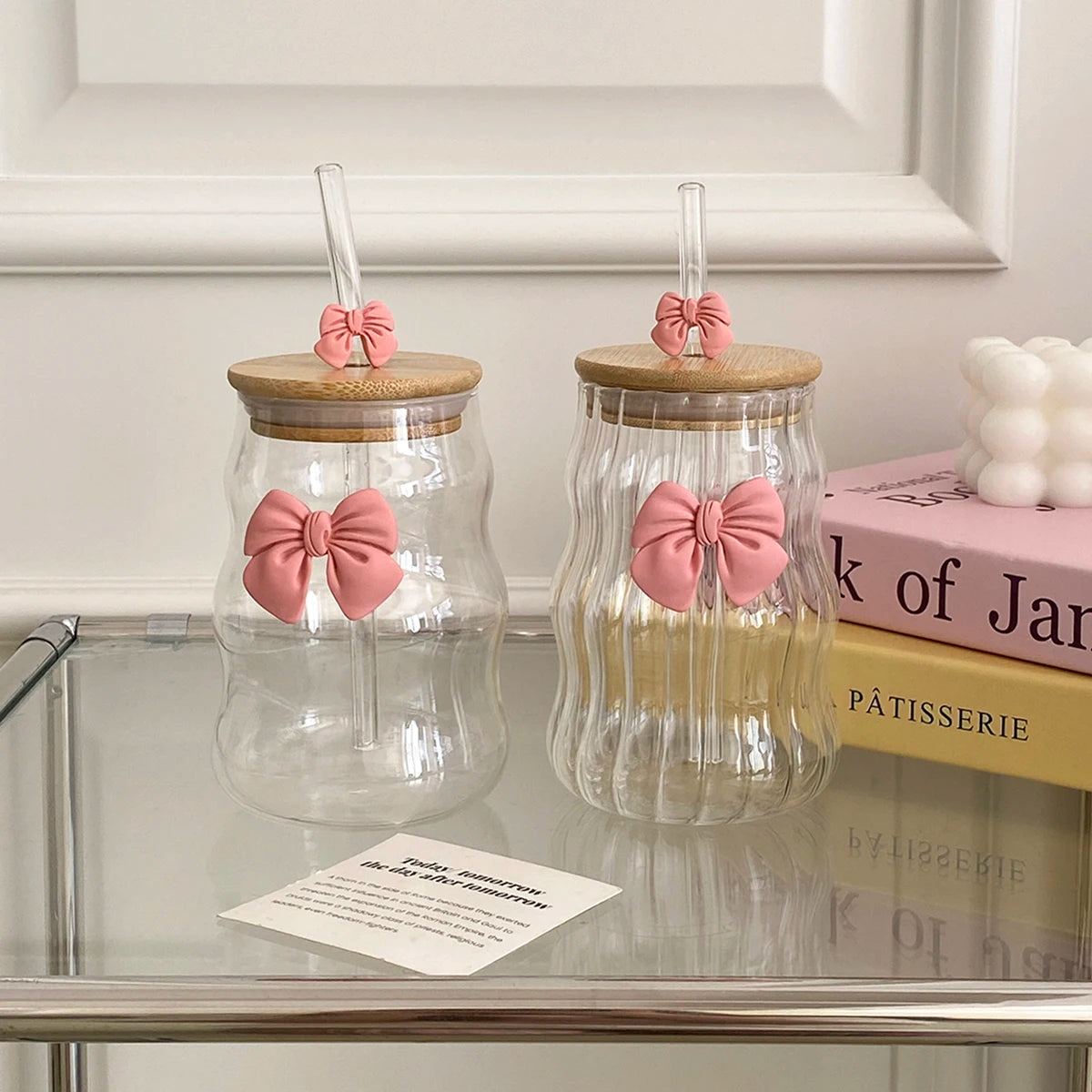 Wavy Glass Cup with Straw β Pink Bow Lid Edition