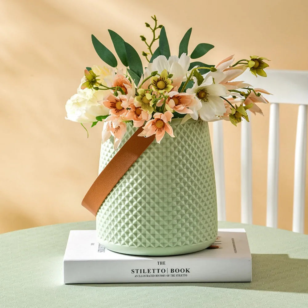 Nordic Style Leather Handle Flower Vase – Modern Anti-Fall Plastic Pot for Floral Arrangements