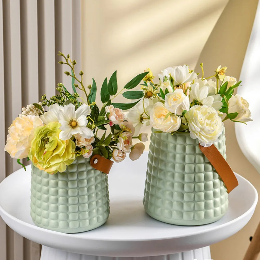 Nordic Style Leather Handle Flower Vase – Modern Anti-Fall Plastic Pot for Floral Arrangements