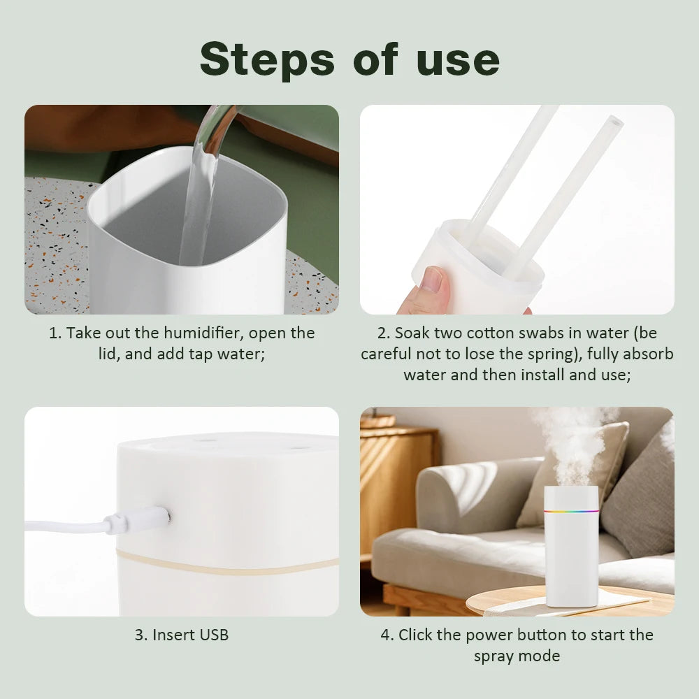 USB Cool Mist Humidifier – 600ml Portable Aromatherapy Diffuser with Night Light for Home & Car