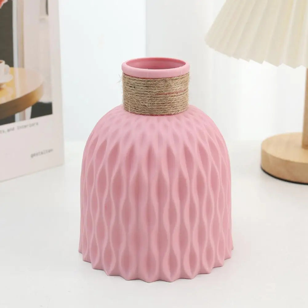 Textured Rope Plastic Vase – Modern Pink Flower Pot for Living Room & Desktop Decor