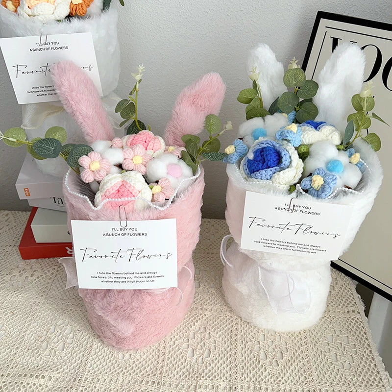 Whimsical Rabbit Ear Plush Bouquet – Soft Knitted Flowers in Gift Bag