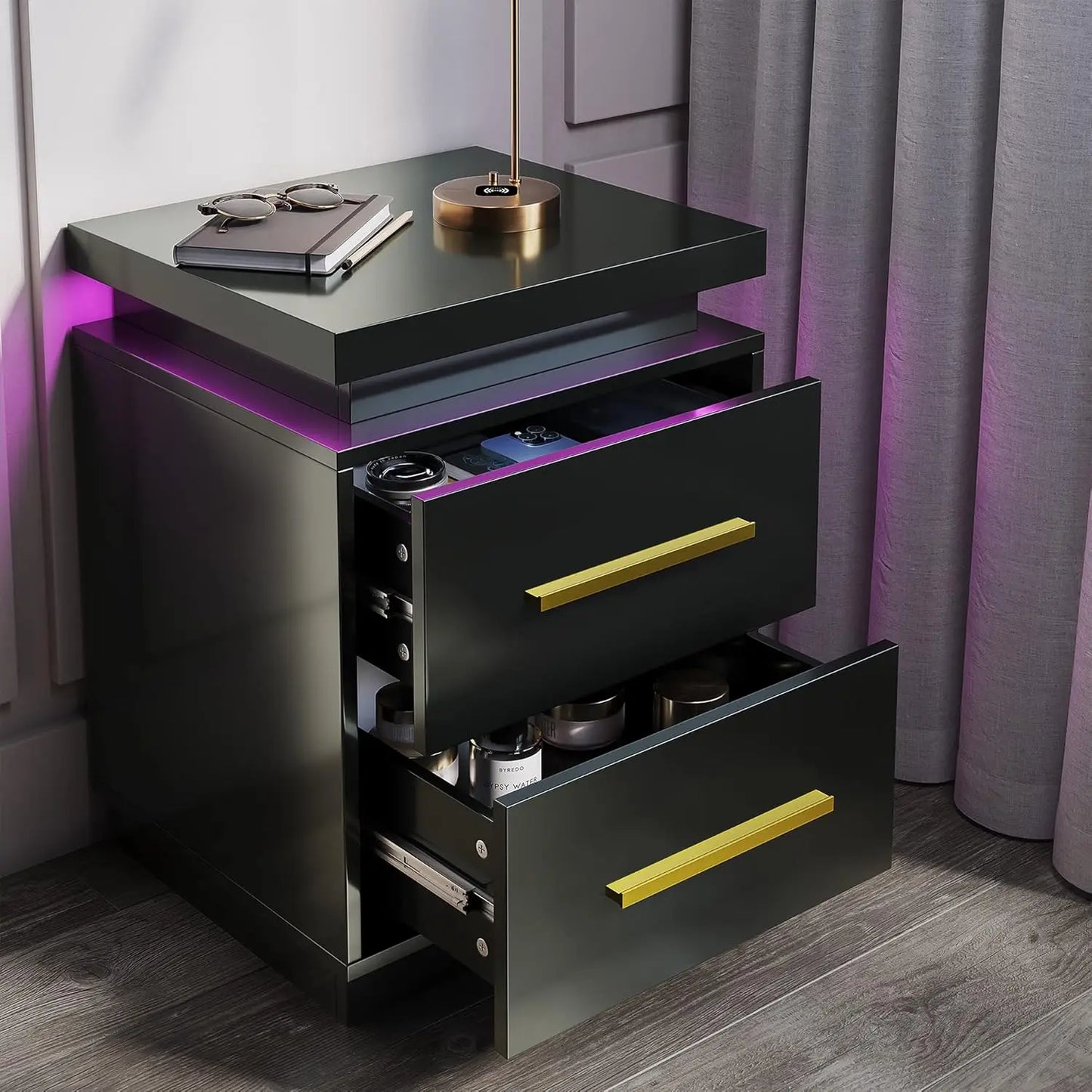 Set of 2 Modern LED Nightstands – Black & Gold Bedside Tables with Drawers and Ambient Lighting