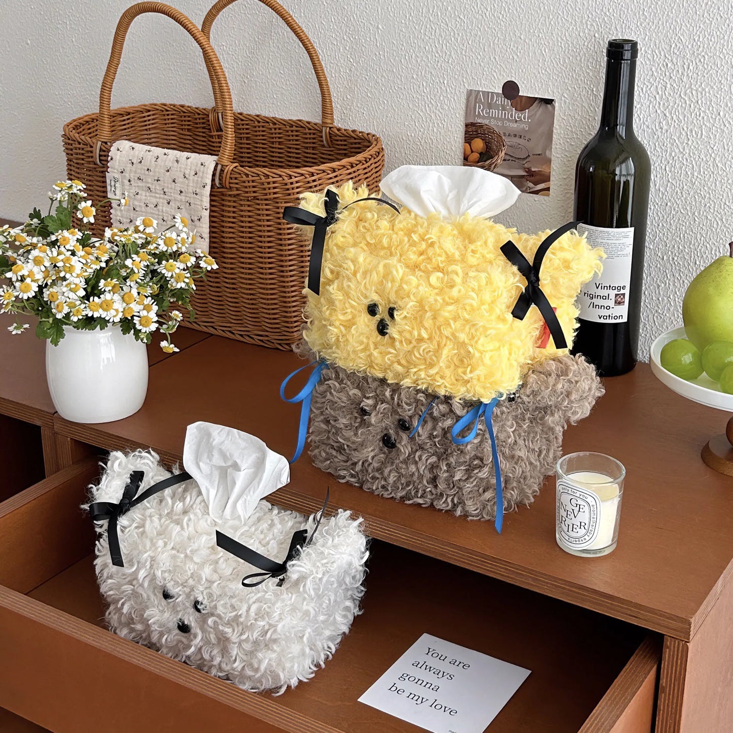Nordic Style Plush Cartoon Dog Shape Napkin Boxes Solid Color Issue Bag Thread Napkin Holder Tissue Bag Storage Napkins
