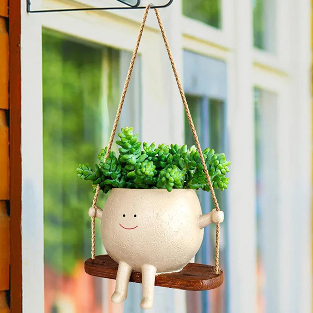 Resin Swing Cartoon Planter Pot – Cute Hanging Head Pot for Indoor & Outdoor Decor