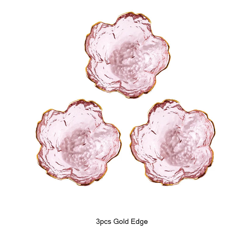 3-Piece Cherry Blossom Glass Dishes – Pink Floral Sauce Bowls with Gold Rim