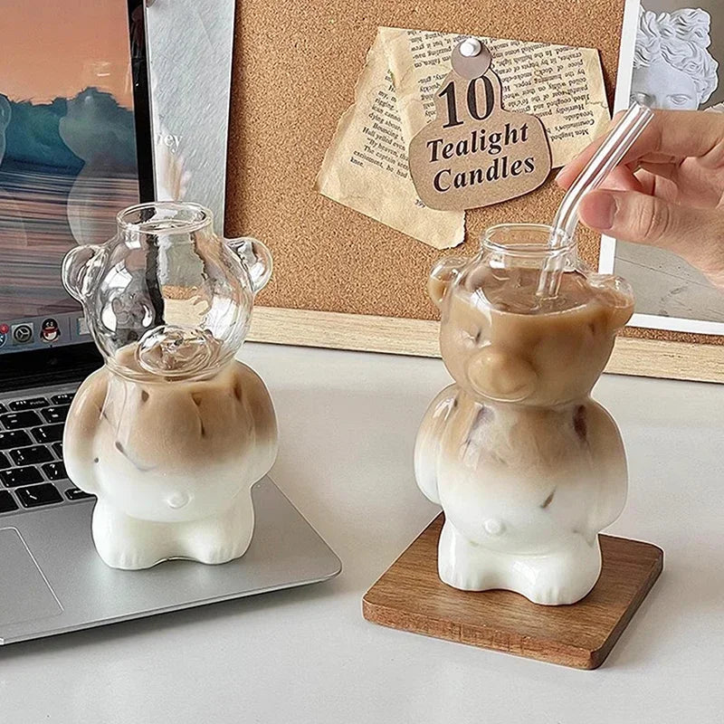Cartoon Bear Glass Cup with Straw β 320ml Cute Transparent Mug for Juices, Milk Tea & More