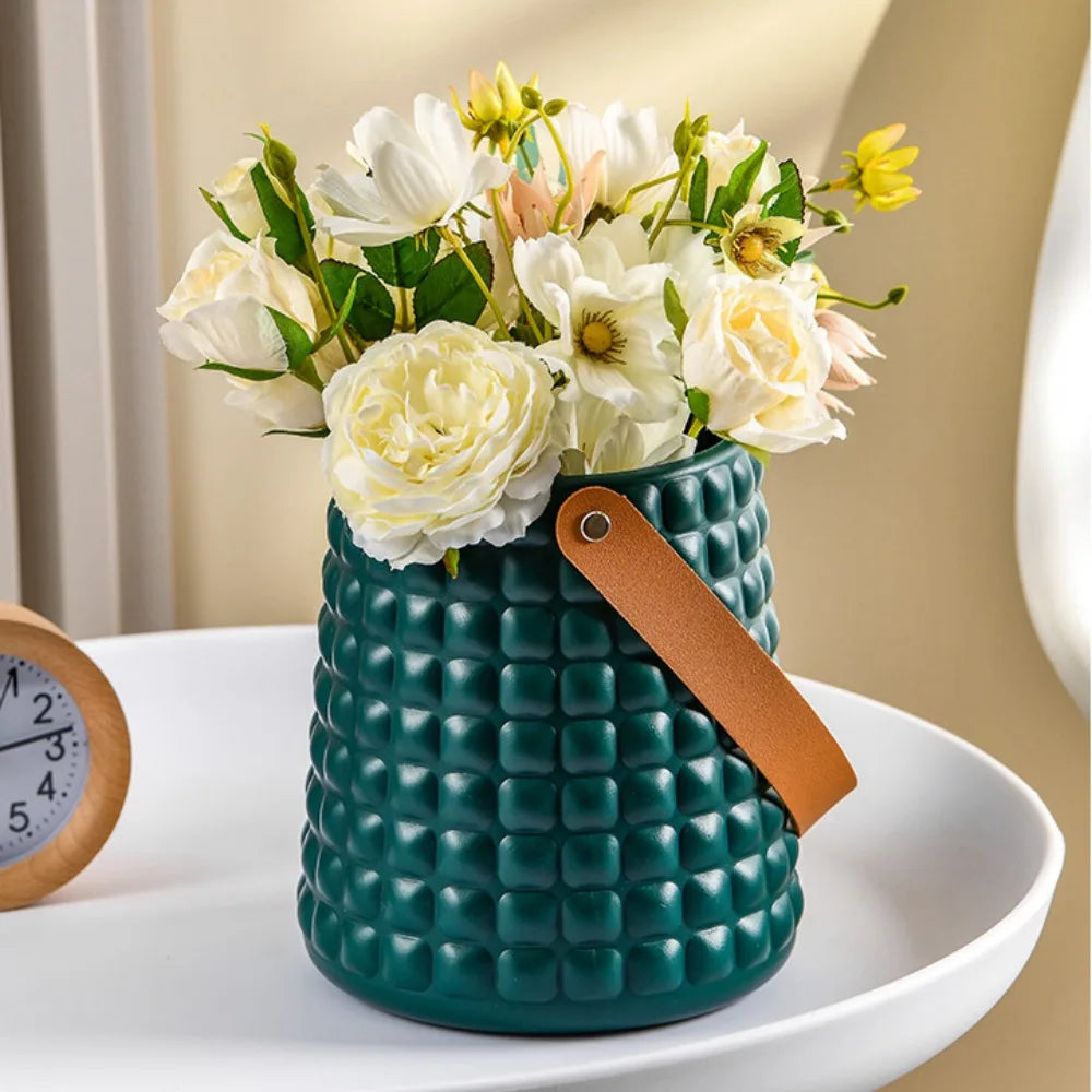 Nordic Style Leather Handle Flower Vase – Modern Anti-Fall Plastic Pot for Floral Arrangements